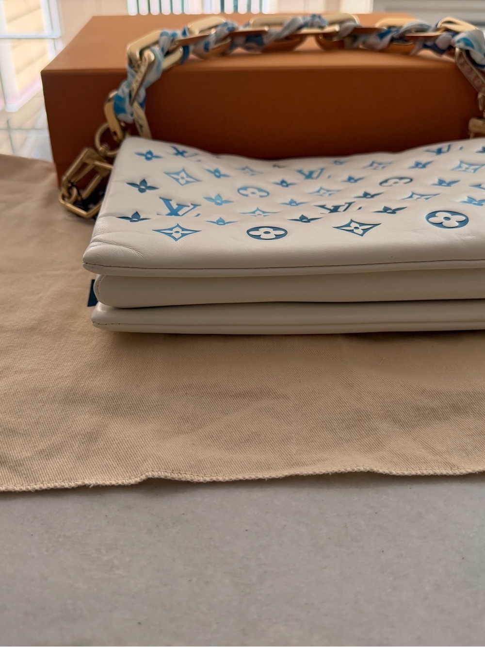 Louis Vuitton Coussin PM By The Pool M11225 Blue White Scarf Chain Authentic - Picture 3 of 15